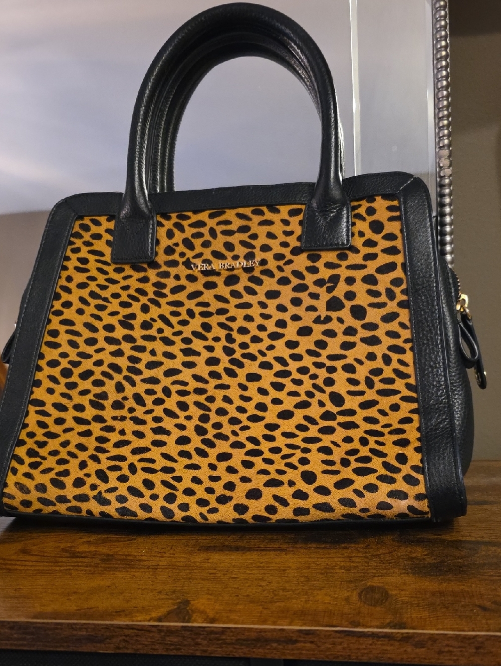 Vera Bradley Leopard-Print Calf Hair Top Handle Satchel in Black and Tan